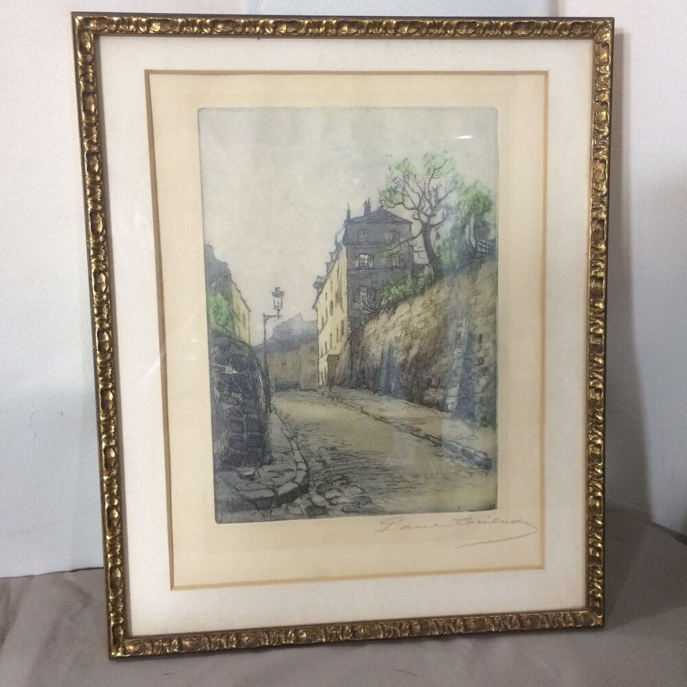 Vintage Hand Tinted Etching Rue De Lourdes Gen. Eugene Paul Signed Framed Art